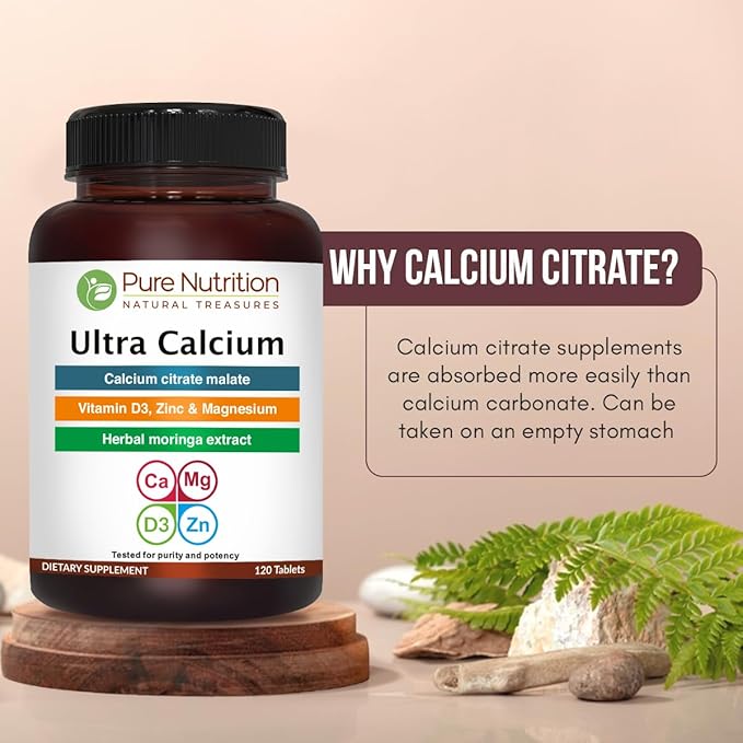 Pure Nutrition Ultra Calcium 1000mg with VIT D3 + K2 | 240 Tabs (120 X Pack of 2) | Calcium Supplement with Calcium Citrate Malate VIT D3 K2 Moringa Oleifera Magnesium and Zinc.