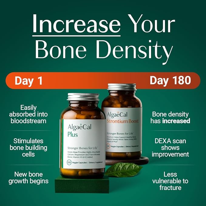 AlgaeCal - Bone Builder Pack for Bone Density Increase Clinically Supported Plant Based Calcium Supplement &amp Strontium Vitamins K2 (100mg) D3 (1600 IU) Magnesium &amp 16 Essential nutrients