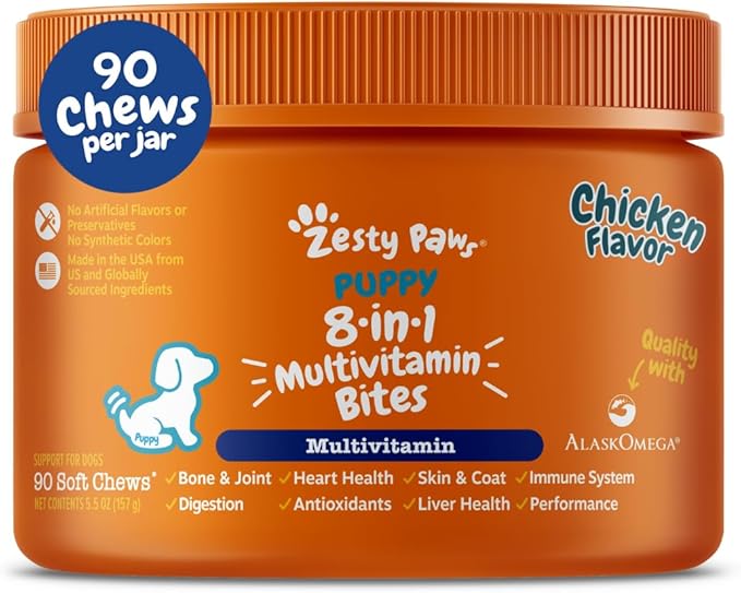 Zesty Paws Dog Multivitamin Chewable Dog Vitamins and Supplements for Hip &amp Joints Skin &amp Coat Omega 3 Fish Oil for Dogs- Puppy Multivitamin - Chicken Puppy Bites- 90ct