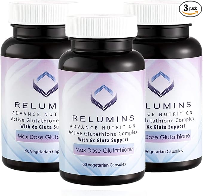 Relumins Advance White Active Glutathione Complex - Max Dose 900mg Glutathione with 6X Boosters ALA &amp NAC - Spring Glow Essentials Anti-Aging Skin Brightening Supplement - 60 Caps x 3 Bottles