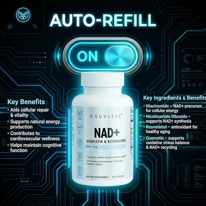 NAD+ Cellular Energy and Healthy Aging Support 60 Capsules with Quercetin and Resveratrol 500mg Metabolism Support DNA Repair Resveratol and Quercetin
