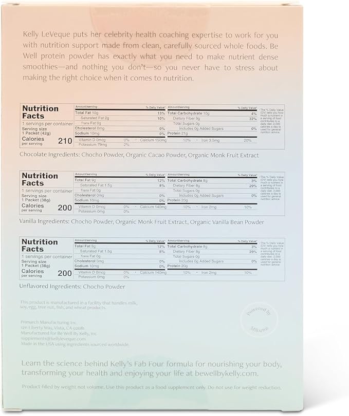 Be Well by Kelly Plant-Based Vegan Protein Powder Sample Pack - Paleo and Keto Friendly Dairy-Free &amp Gluten-Free - Low Carb Protein Powder with - 20g+ Protein (3 Servings)