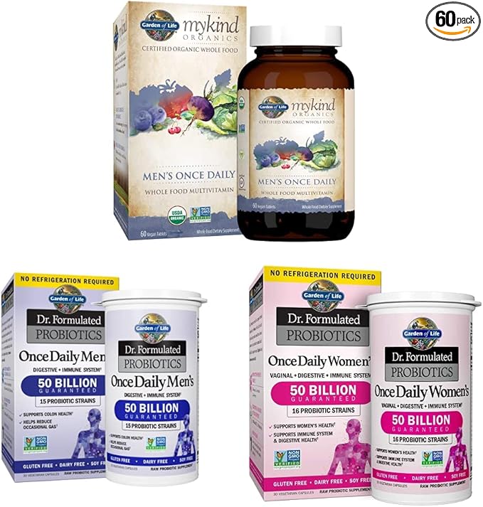Garden of Life Multivitamin for Men Vegan 60 Count &amp Probiotics for Men 30 Capsules &amp Probiotics for Women &amp Prebiotics