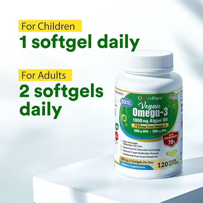 LABO Nutrition Vegan Omega 3 Algae Oil - Plant Based Fish Oil Alternative 750mg Omega-3 500mg DHA &amp 200mg EPA - Non-GMO &amp IAOS Certified - Heart Brain Eye Immune Joint Support 120 Softgels