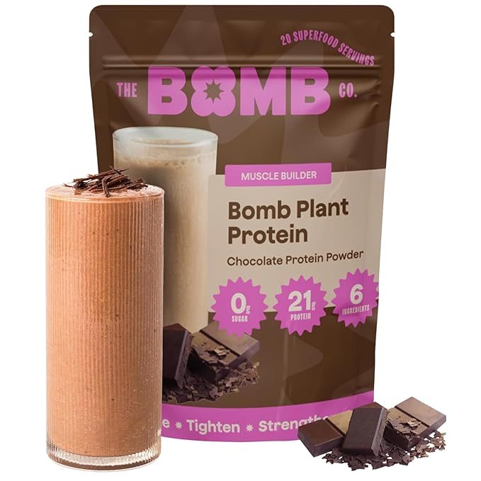 The Bomb Co. Bomb Plant Protein Protein Powder with 21g Protein Amino Acids Zero Sugar Pea Protein Cocoa Chia Seeds Pumpkin Seeds Vanilla &amp Monk Fruit Gluten Free Chocolate Flavor 20 Sr