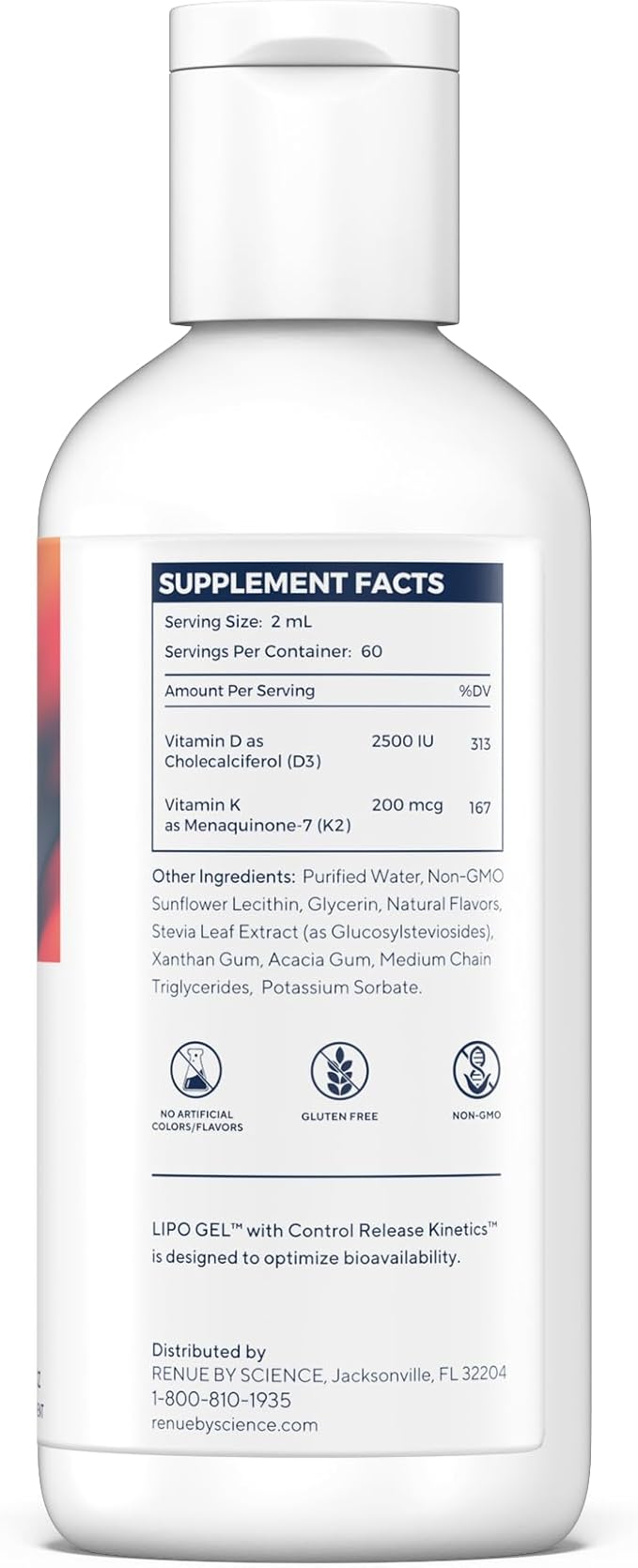 Renue By Science Vitamin D3 K2 Gel | High Strength Liposomal D3 K2 Supplement | 120ml Vitamin D K2 Gel - 2500IU Vitamin D3 &amp 200mcg Vitamin K2 per Serving | Non-GMO &amp Allergen Free | Made in T