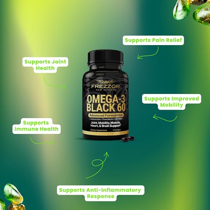 FREZZOR Omega 3 Black Green Lipped Mussel Oil 53x Higher Potency for Superior Joint Comfort &amp Mobility No Fishy Aftertaste 1 Bottle 60 Softgels Plus 1 Bottle of Super Greens
