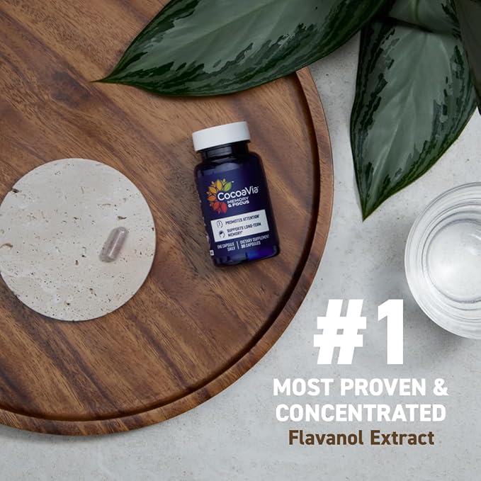 CocoaVia Memory &amp Focus Brain Supplement 30 Day Cocoa Flavanol Blend Lutein Added Caffeine for Boost. Improve Cognitive Function Attention Vegan &amp Plant Based 30 Capsules