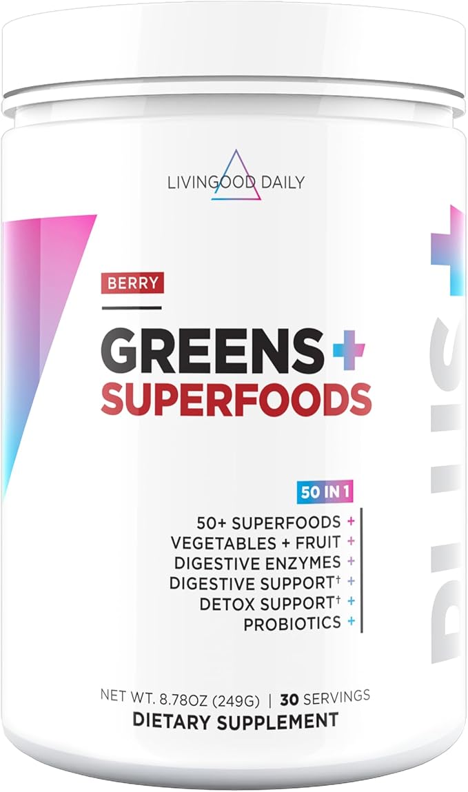 Livingood Daily Greens &amp Superfood Powder Super Greens for Gut Health Green Juice Powder with Spirulina Chlorella and Digestive Enzymes Probiotics for Digestive Support Berry 30 Servings