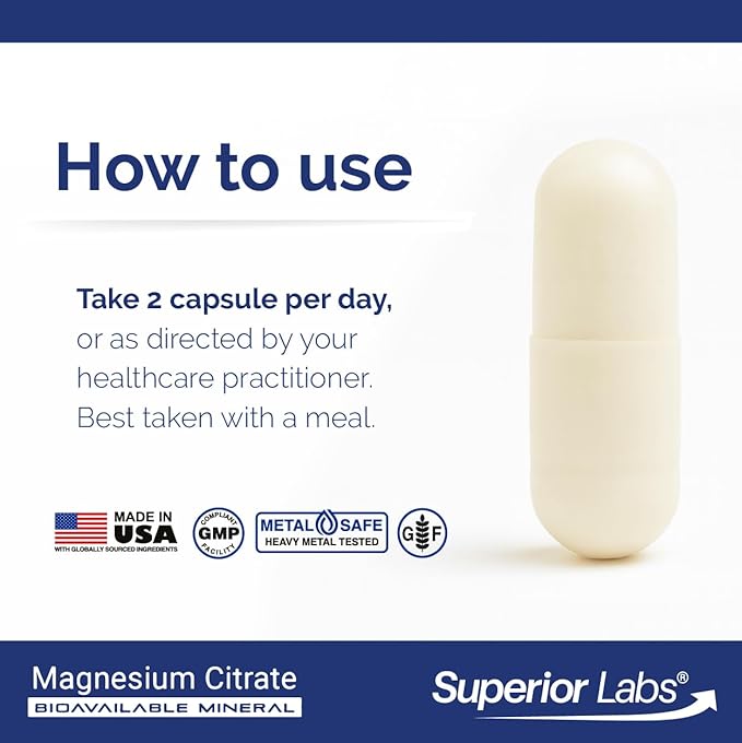 Superior Labs Magnesium Citrate 200mg High Absorption Non-GMO Additive-Free &amp Gluten-Free Promotes Calm Sleep Eases Muscle Cramps &amp Twitches Supports Constipation Relief 120 Veg Caps