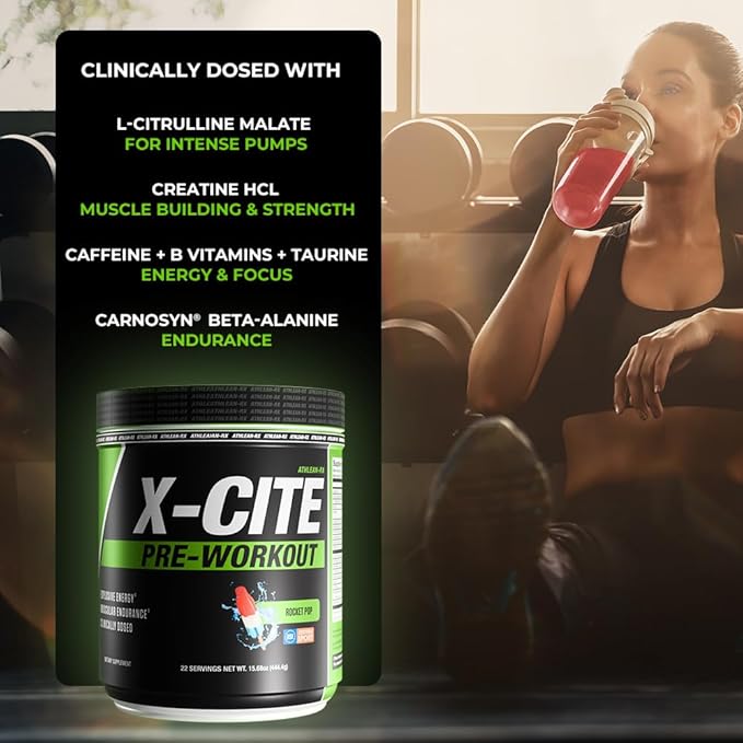 X-CITE Pre-Workout by ATHLEAN-X - Enhanced Formula with Beta-Alanine Creatine &amp Caffeine for Ultimate Energy Endurance Focus &amp Muscle Pump NSF Certified for Sports (Rocket Pop)