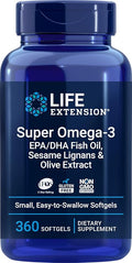 Life Extension Super Omega-3 360 Softgels Easy to Swallow EPA/DHA Omega3 Fish Oil Sesame Lignans &amp Olive Extract