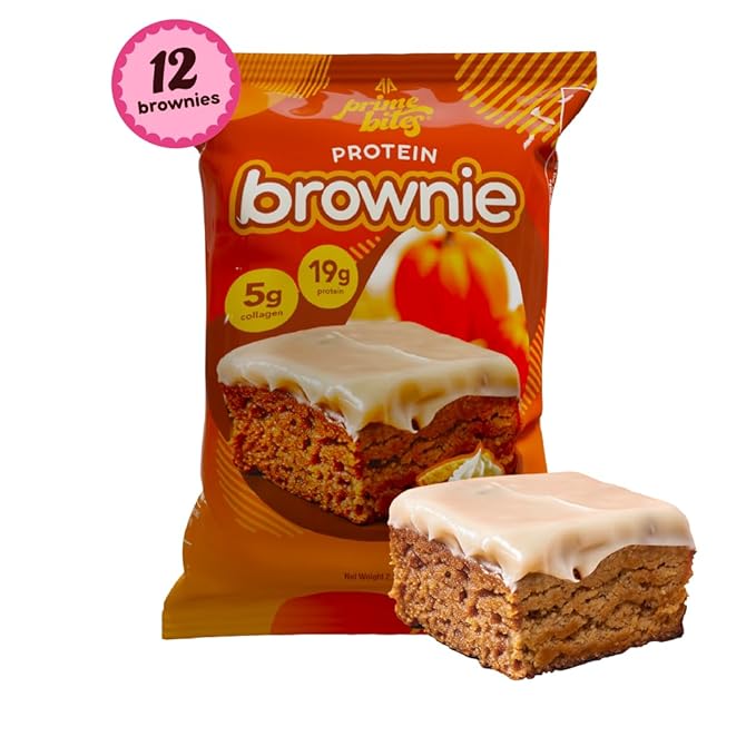 Prime Bites High Protein Brownie (12 Per Box Glazed Pumpkin Spice) - 19g of Protein 5g of Collagen Gluten Free Low Sugar Treat Delicious Protein Snack