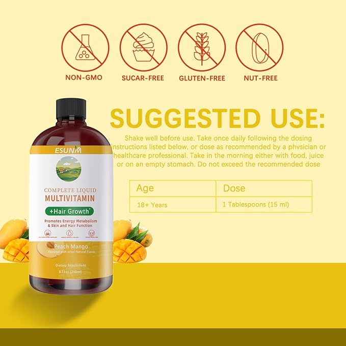 Complete Liquid Multivitamin + Hair Growth Promotes Energy Metabolism&amp Skin and Hair Function| Vitamin C D | B Vitamins | Help to Thicker Hair Wrinkles Fine Lines Skin Care