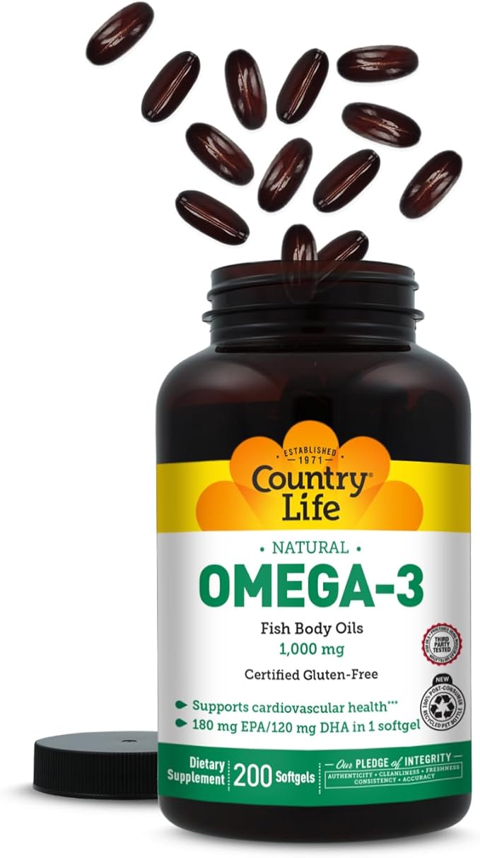 Country Life Omega-3 Fish Oil Supplement 1000mg 180mg EPA &amp 120mg DHA Fish Oil Concentrate Burpless 200 Softgels Certified Gluten Free
