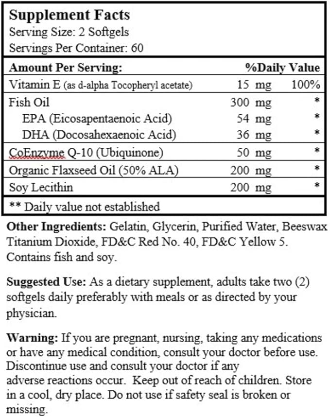 Nu-Health All in One Advanced CoQ10 Supplement | Co Q 10 Supplement with Omega-3 Fish Oil Flaxseed Oil Soy Lecithin &amp Vitamin E | Heart Health Support | 120 Softgels