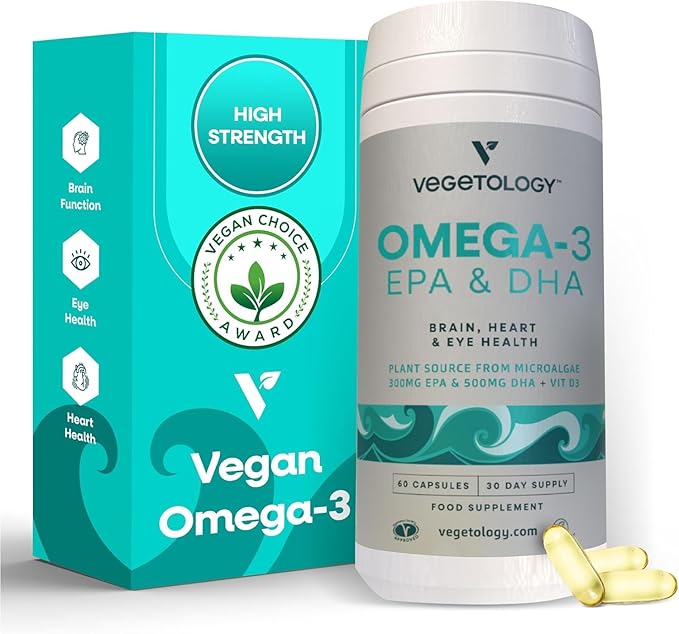 Vegan Omega 3 Supplement (60 Capsules) – Omega-3 EPA Vitamin D3 &amp DHA Supplements - Algae Omega 3 Vegan Supplements for Brain Eye &amp Heart Health – Omega 3 for Kids &amp Adults