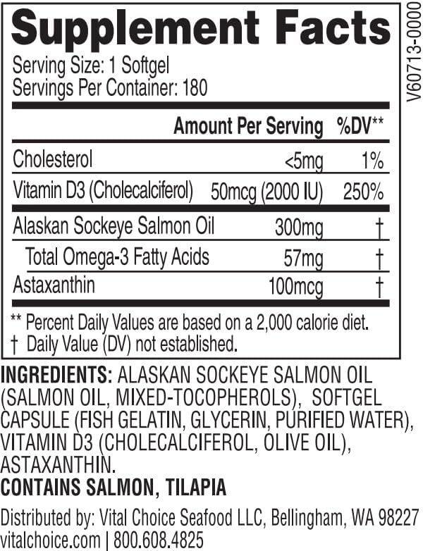 Vital Choice MSC Vitamin D3 in Wild Alaskan Sockeye Salmon Oil Dietary Supplement 180 Softgels