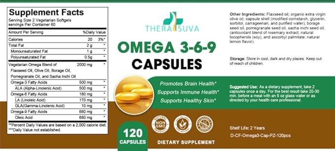High-Potency Omega 3-6-9 100% Vegan Sourced Natural Supplement for Heart and Joint Health 2 Month Supply 120 Softgels