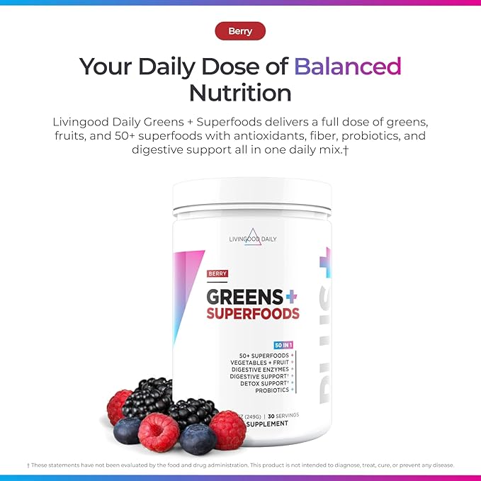 Livingood Daily Greens &amp Superfood Powder Super Greens for Gut Health Green Juice Powder with Spirulina Chlorella and Digestive Enzymes Probiotics for Digestive Support Berry 30 Servings
