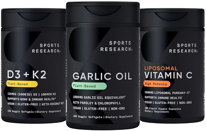 Sports Research® Immunity Pack - Odorless Garlic Oil Pills (1000mg) + Vitamin D3 + K2 + High Potency Liposomal Vitamin C Supplement 1000 mg