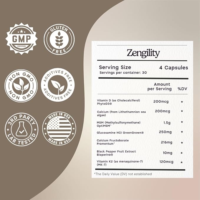 Zen Principle Zengility Joint Support &amp Bone Strength Supplement Fast-Acting Relief with Glucosamine MSM Plant Calcium Vitamin K2 &amp D3 Vegan Formula for Mobility &amp Comfort 240 Capsule