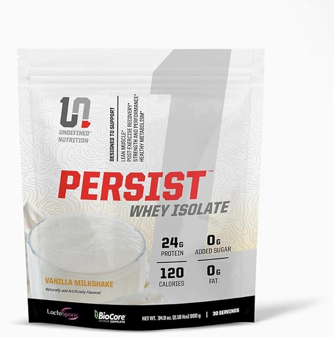 Undefined Nutrition Persist Whey Isolate by Brian Shaw - 24g Protein 30 Servings – Supports Recovery Strength &amp Performance - Gluten Free Fast Absorbing (2.18lbs Vanilla)