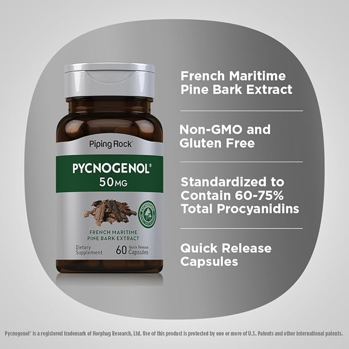 Piping Rock Pycnogenol Supplement | 50 mg | 60 Capsules | French Maritime Pine Bark Extract | Pinus Pinaster for Men and Women | Non-GMO Gluten Free