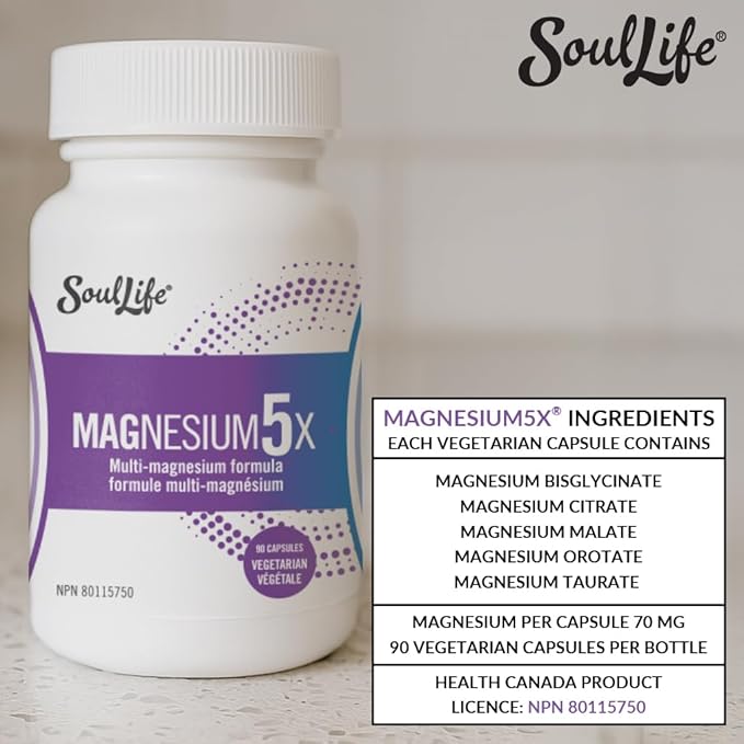 SoulLife Magnesium5X – 5-in-1 Magnesium Complex for Men &amp Women – Supports Muscle Function Relaxation Energy Production &amp Electrolyte Balance – 30 Servings / 90 Vegetarian Capsules