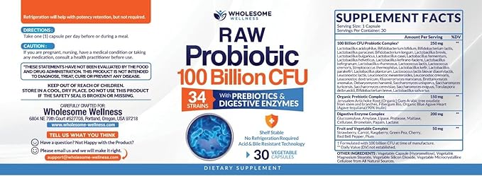Wholesome Wellness Organic Raw Probiotics 100 Billion CFU Dr Formulated for Women and Men Complete Adult Supplement with Prebiotics and Digestive Enzymes 30 Capsules Shelf Stable