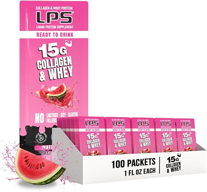 Nutritional Designs LPS Liquid Collagen &amp Whey Protein Supplement - Non-GMO Drink Sugar-Free - Promotes Healthy Skin &amp Hair for Men &amp Women Watermelon Single Serve (100 Packets)