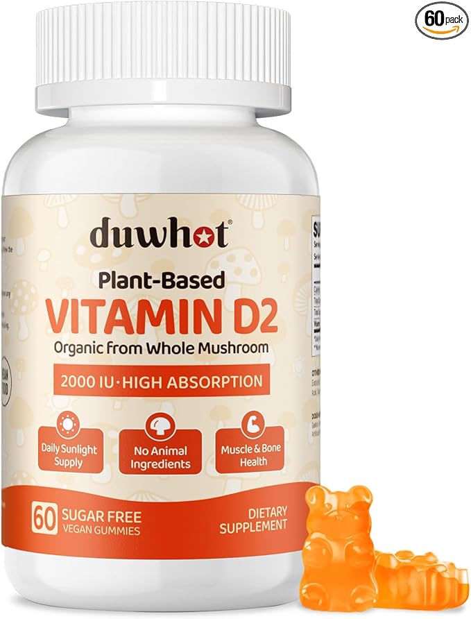 Vitamin D2 Gummies 2000 IU Plant-Based Vitamin D Supplement from Whole Mushroom for Bone Muscle &amp Immune Support Daily Sunshine Supply Vegan Non-GMO Orange 60 Chews