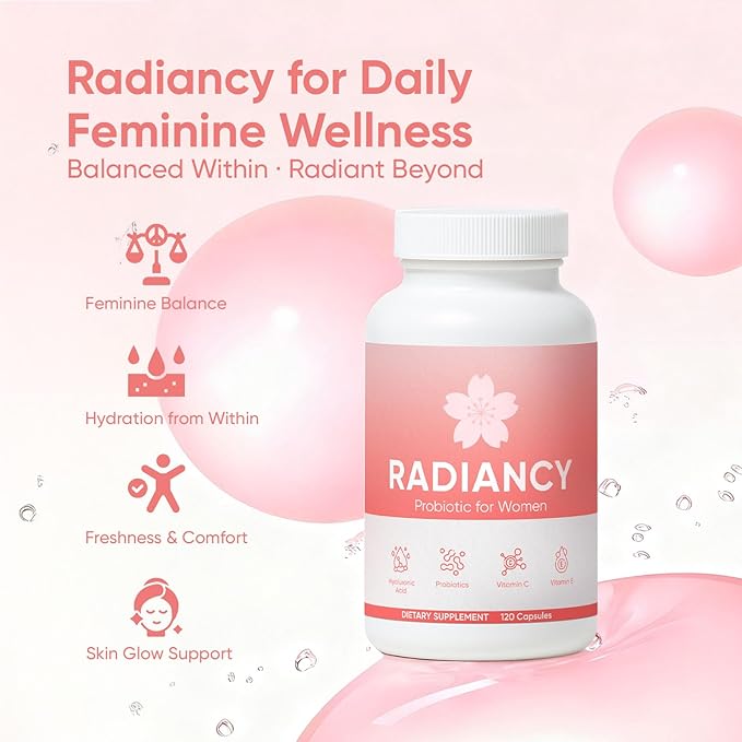 Radiancy Probiotic for Women Vaginal Health - Vaginal Dryness &amp Ph Balance with Lactobacillus Strains Cherry Blossom Extract Hyaluronic Acid Vitamin C | 120 Count