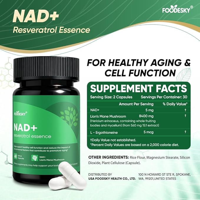 NAD+ Resveratrol Essence Capsules - 5mg NAD+ &amp Lion's Mane Mushroom - Supports Healthy Cell Function &amp Daily Wellness - 60 Active Dietary Capsules (2PCS)