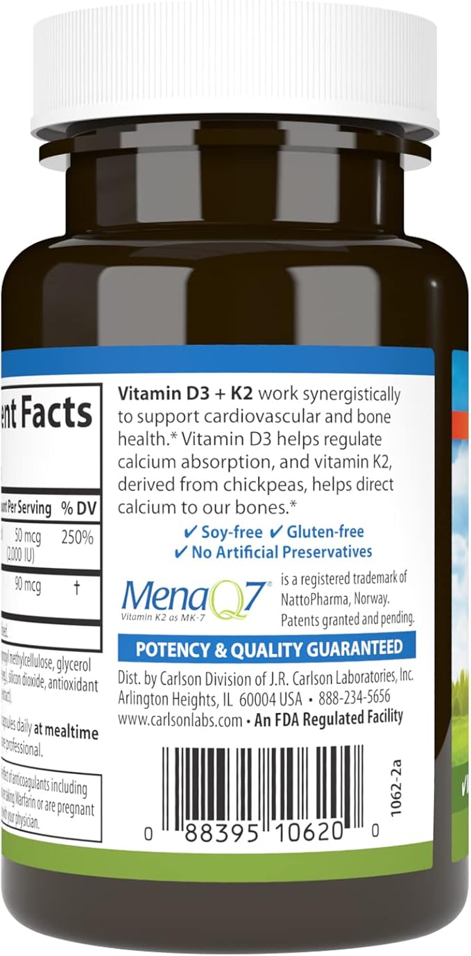 Carlson - Vitamin D3 + K2 50 mcg (2000 IU) Vitamin D3 &amp 90 mcg Vitamin K2 as MK7 Bone Support Calcium Absorption 120 Capsules