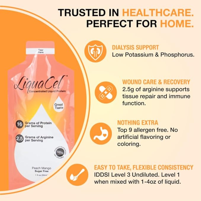 LiquaCel Concentrated Liquid Protein Peach Mango Flavor 16g Hydrolyzed Collagen Protein and 2.5g Arginine Per Single-Serving Packet Sugar &amp Gluten Free 1fl oz Packets 100ct Case