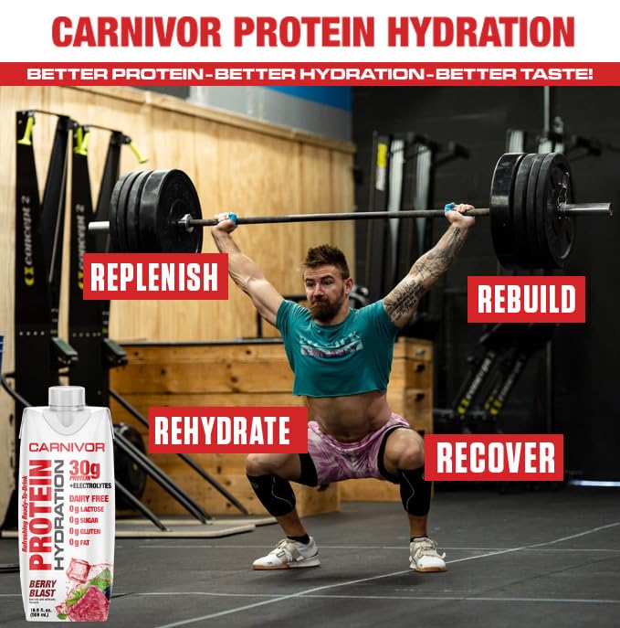 MuscleMeds Carnivor Protein Hydration RTD Ready to Drink Lactose Free Sugar Free 30g Isolate Protein Halal Certified Berry Blast 16.9 Fl Oz (Pack of 12)