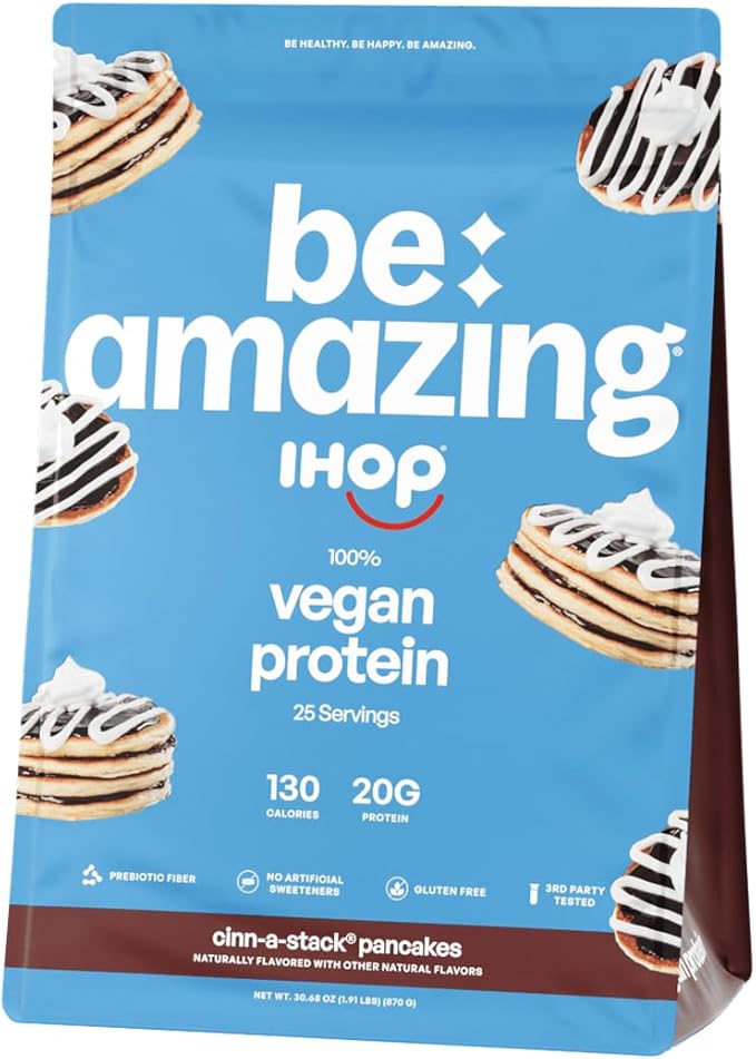 BE AMAZING Vegan Protein Powder IHOP Cinn-A-Stack Pancakes 20g Plant Based Protein with Prebiotic Fiber Low Carb Dairy and Gluten Free Shake Mix No Added Sugar 29.3 oz 25 Servings