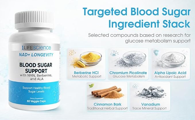 1LifeScience Blood Sugar Blend Supplement – NMN Urolithin A Berberine &amp Alpha Lipoic Acid – NAD+ Support Formula – cGMP Made in USA – 60 Veg Caps