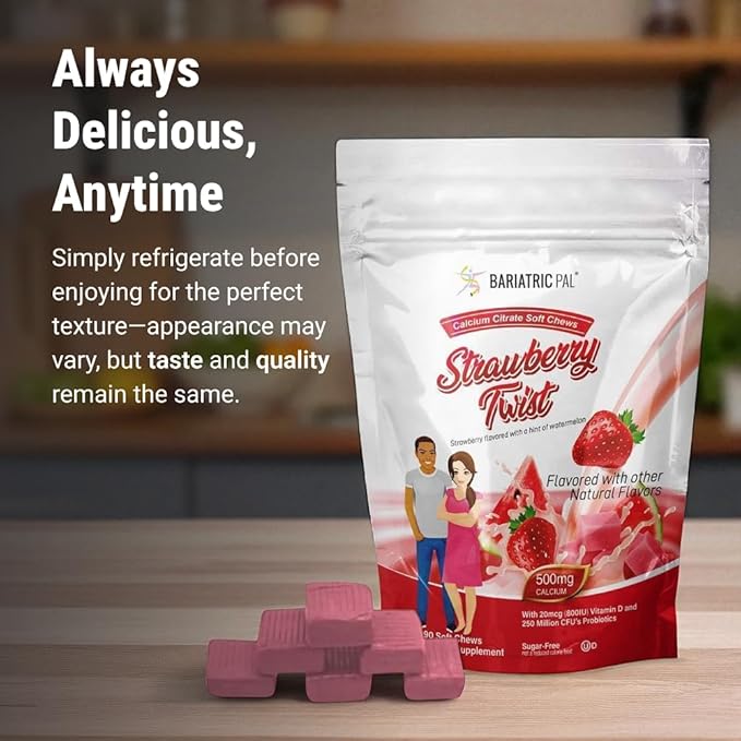 BariatricPal Sugar-Free Calcium Citrate Soft Chews | 500mg with Vitamin D &amp Probiotics | Strawberry Twist | 90 Count (1 Month Supply)