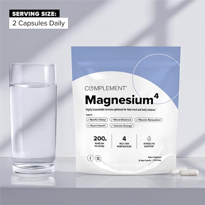 COMPLEMENT Magnesium - 4 Bioavailable Forms Complex - Malate Taurate Bisglycinate Orotate - Supplement for Relaxation Muscle Recovery Stress Reduce - 200mg 60 Vegan Capsules (30 Servings)