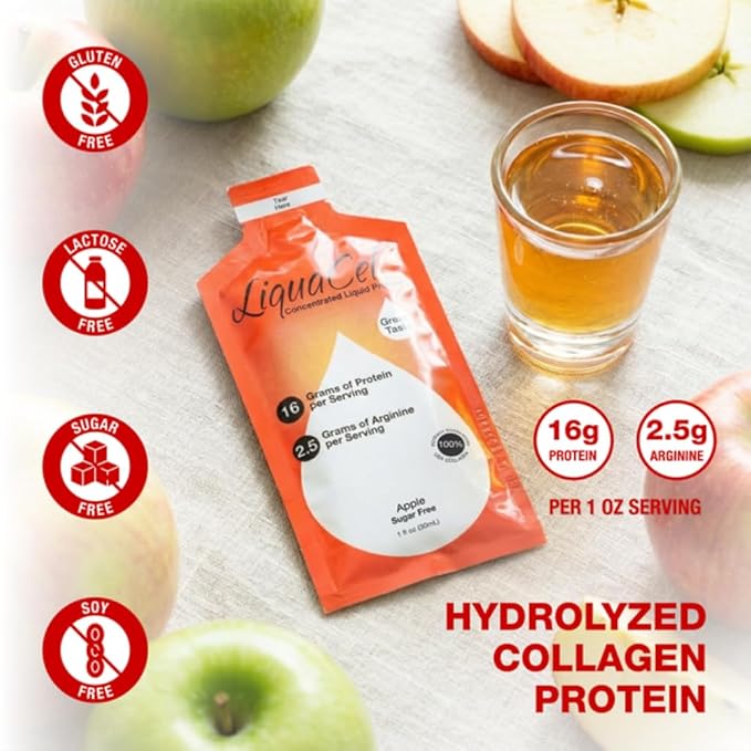 LiquaCel Concentrated Liquid Protein Apple Flavor 16g Hydrolyzed Collagen Protein and 2.5g Arginine Per Single-Serving Packet Sugar &amp Gluten Free 1fl oz Packets 100ct Case