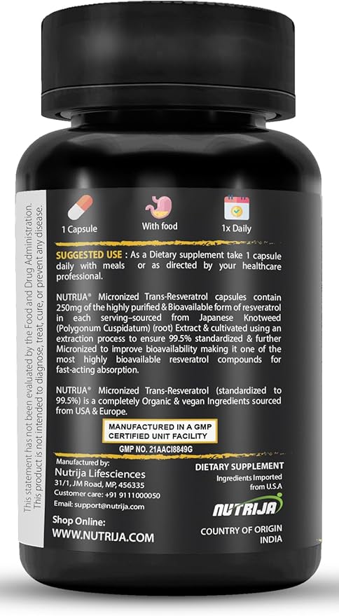 Trans Resveratrol 250MG Capsules - 99.5% Pure Micronized and Highly Bioavailable Supplement | Slow Down Aging Proven Powerful Anti-Oxidant | Improves Metabolism &amp Heart Health (30 Capsules)