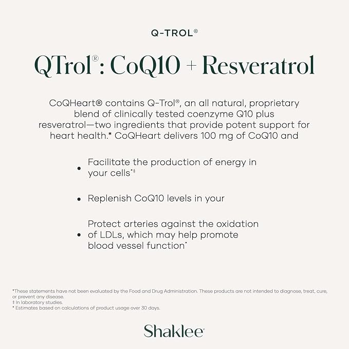 CoQHeart® with Q-Trol®- Energy Support for Heart Health - Coenzyme Q10 and Resveratrol Blend - Facilitates Energy Production and Blood Vessel Health - Protects Arteries - 30 Softgels
