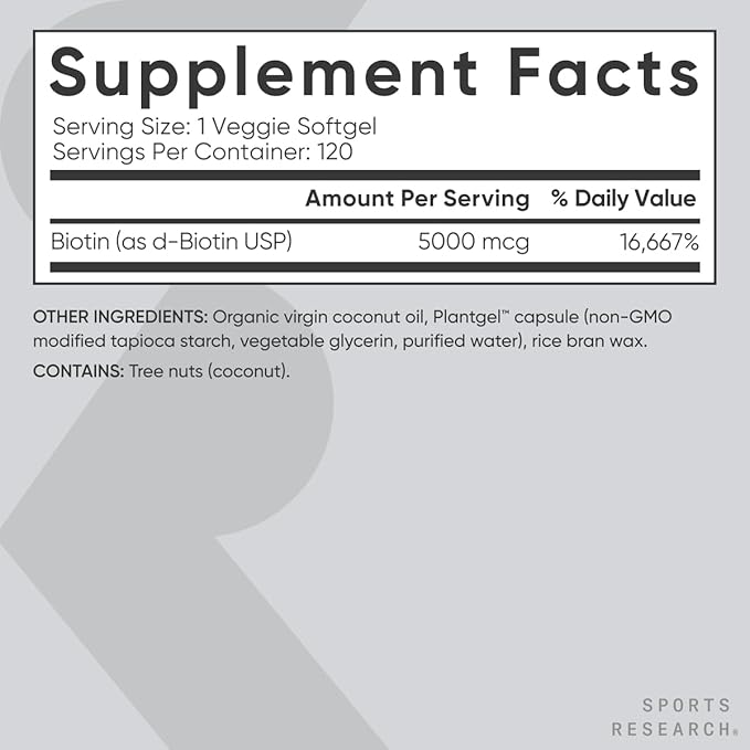 Sports Research® Healthy Hair Pack - Biotin 5000mcg with Organic Coconut Oil + Vegan Vitamin D 5000iu &amp Mk7 Vitamin K 100mcg + Omega-3 Fish Oil 1250