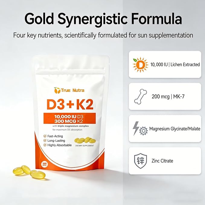 Vitamin D3 K2 Magnesium 10000 IU for Bone &amp Muscle Support 300 Softgels (1PC)