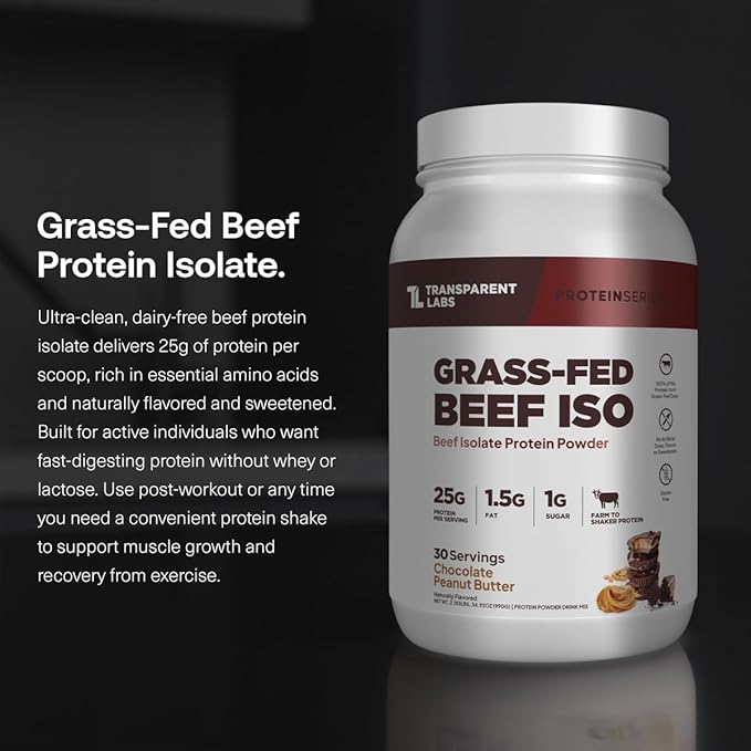 Transparent Labs Grass-Fed Beef Isolate Protein Powder – Naturally Flavored Dairy-Free Protein with 25g of Protein per Serving for Increased Recovery &amp Strength - 30 Servings Chocolate Peanut Bu
