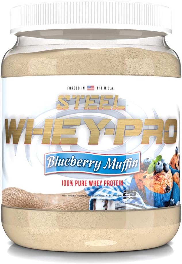 Steel Supplements Whey-Pro | 100% Pure Whey Protein Powder for Men and Women | Blueberry Muffin | Muscle Gain &amp Lean Muscle Recovery | Gluten Free | 1.48 lbs | BCAA 5g | Non-GMO | 25 Servings