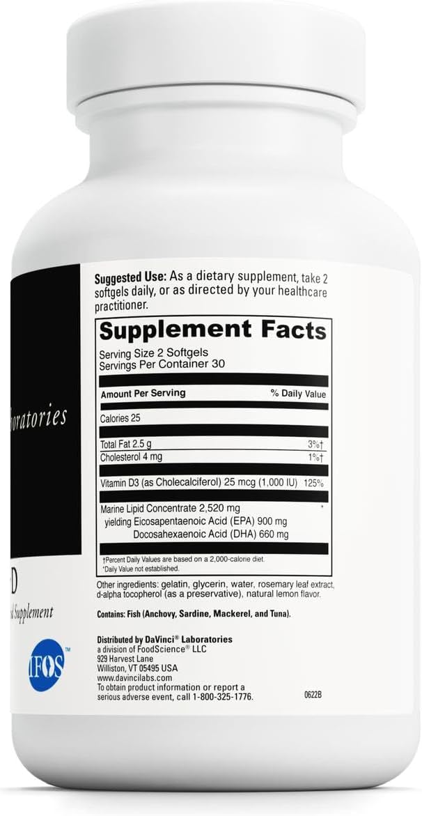 DAVINCI Labs Omega 3 HP-D - Dietary Supplement to Support Immune System Healthy Joints and Cardiovascular and Skin Health* - with Vitamin D3 and More - Gluten-Free - 60 Softgels