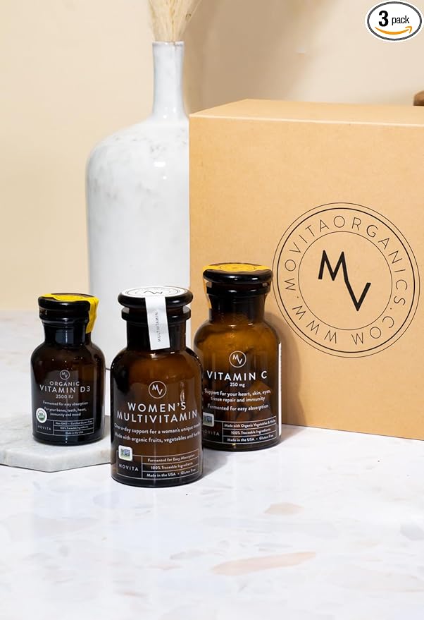 Movita Health Trio Vitamin Gift Set with Vitamin D3 C and Women's Multivitamin Fermented Whole Foods Vitamins and Minerals - Organic Vegan-Friendly Gluten-Free &amp Non-GMO